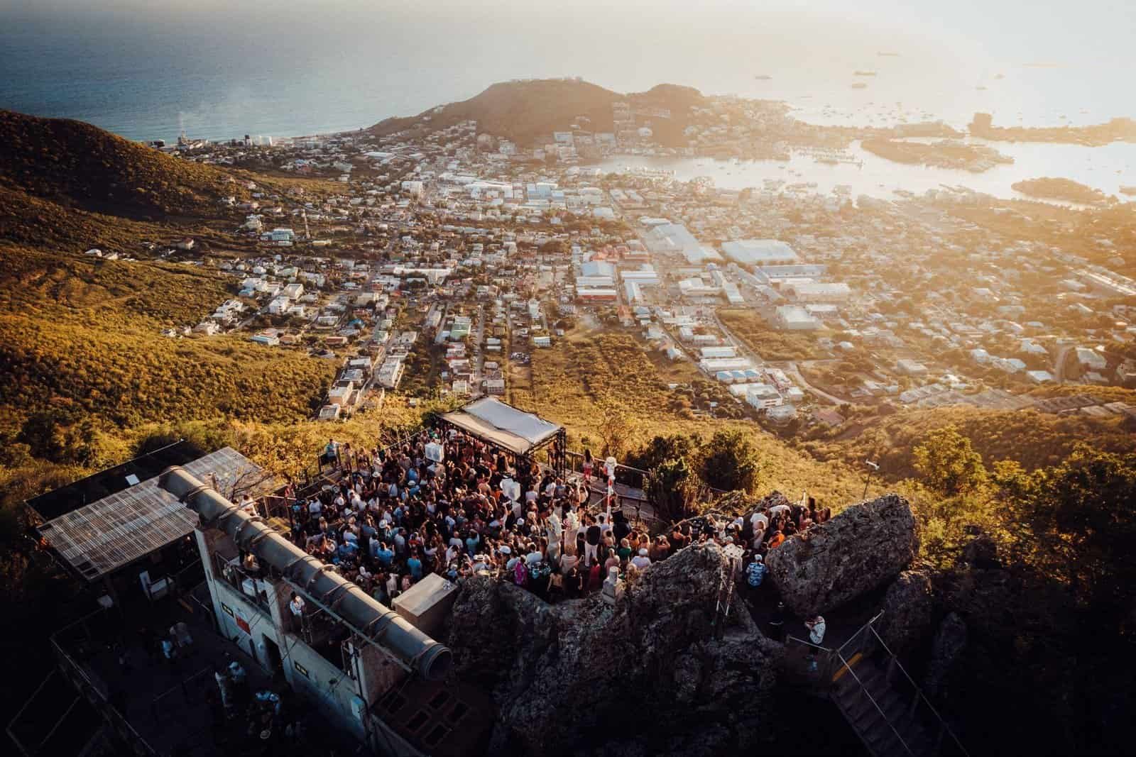 Aerial view of the Panorama Stage at sunset during SXM Festival 2026, Saint Martin