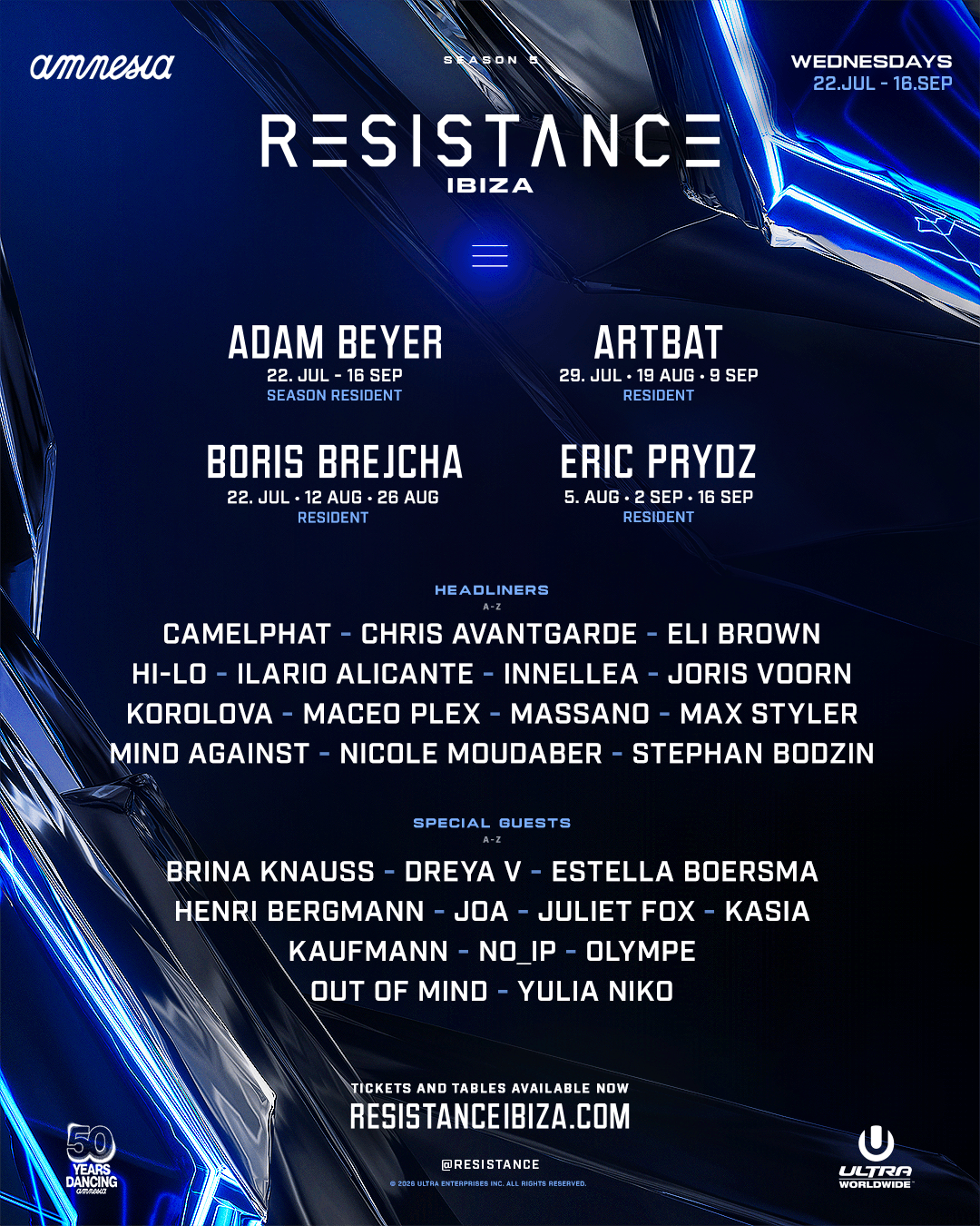 RESISTANCE Ibiza Season 5 lineup poster featuring Adam Beyer, ARTBAT, Boris Brejcha, Eric Prydz and more at Amnesia Ibiza 2026