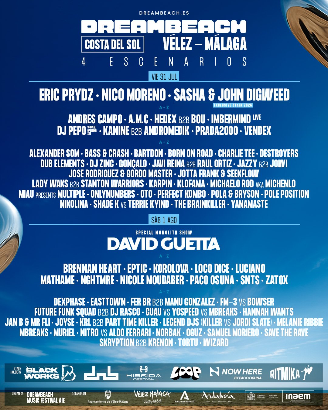 Dreambeach Costa del Sol 2026 day by day lineup poster for Vélez-Málaga on 31 July and 1 August