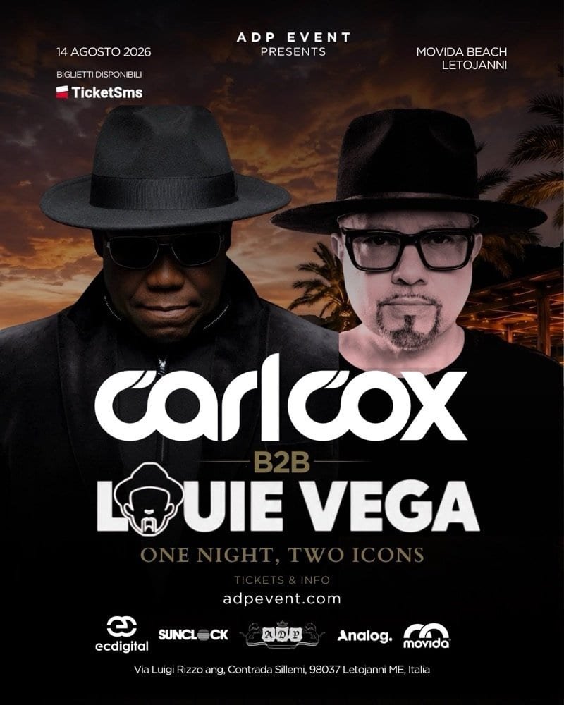 Carl Cox and Louie Vega Will Play Back to Back for the First Time Ever, in Sicily on 14 August 1 Official ADP Event flyer for Carl Cox b2b Louie Vega at Movida Beach Club Letojanni on 14 August 2026