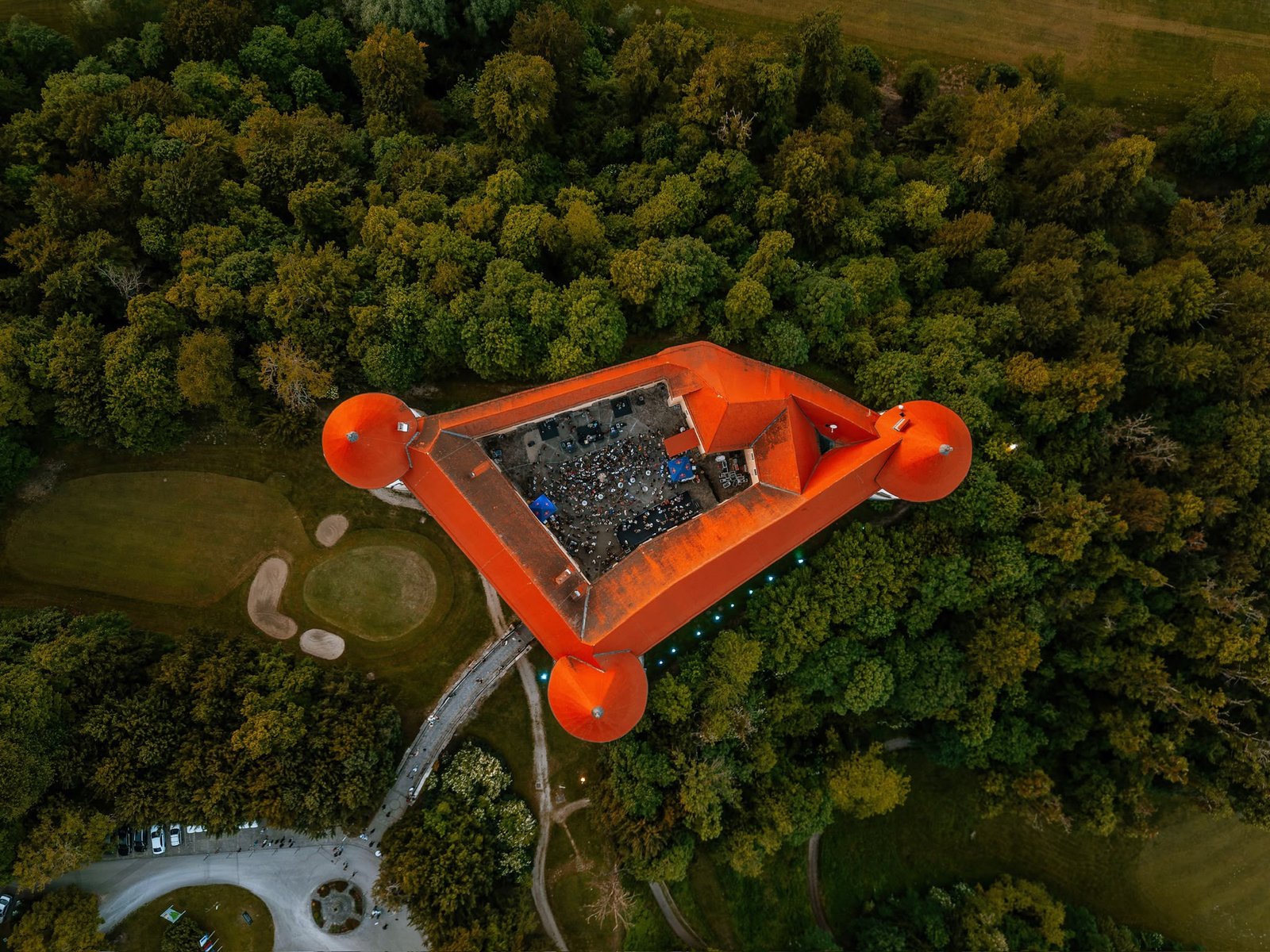 Aerial view of Mokrice Castle courtyard during a BSH Events show in Slovenia