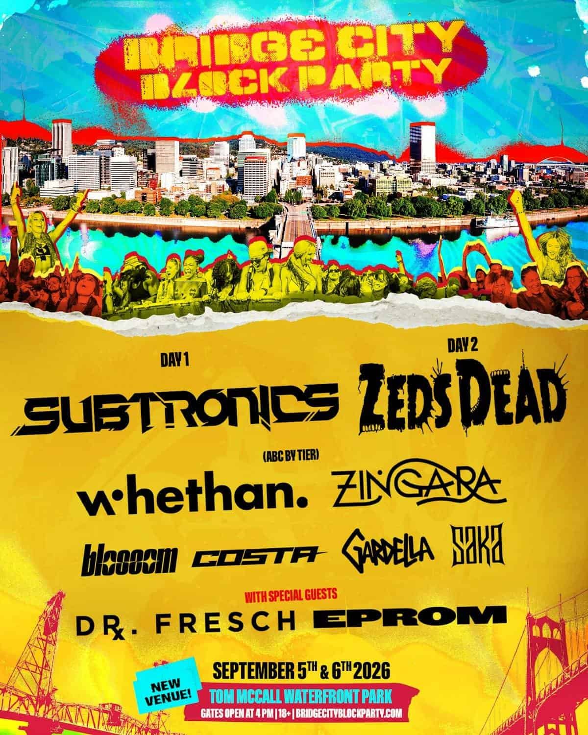 Bridge City Block Party 2026 line-up poster Bridge City Block Party 2026 line-up poster for Tom McCall Waterfront Park in Portland