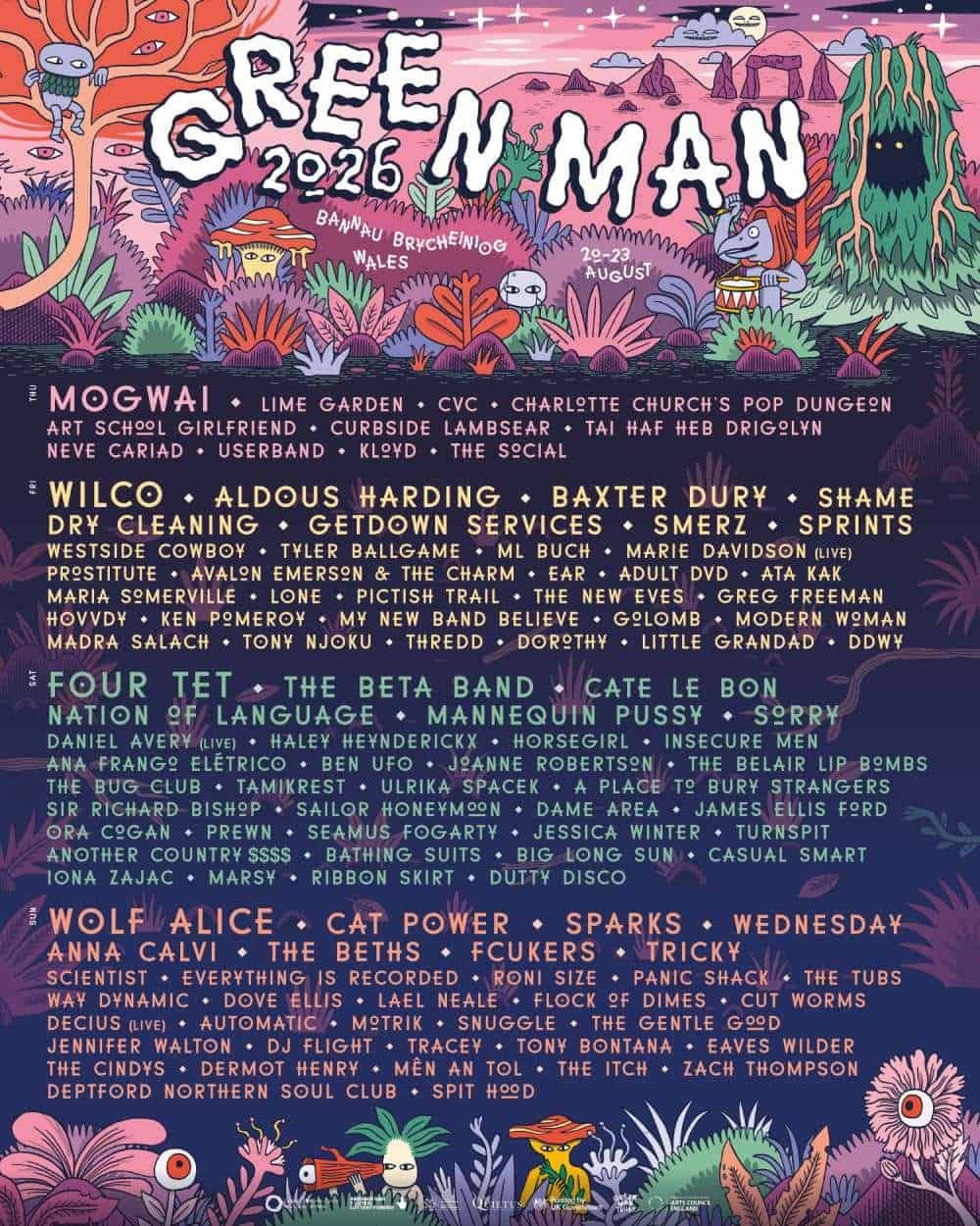 Official Green Man Festival 2026 poster, Glanusk Estate, Wales, 20 to 23 August, headliners Mogwai, Wilco, Four Tet and Wolf Alice