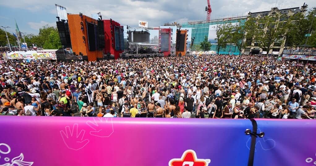 Huge crowd in front of a main stage at the Street Parade in Zurich