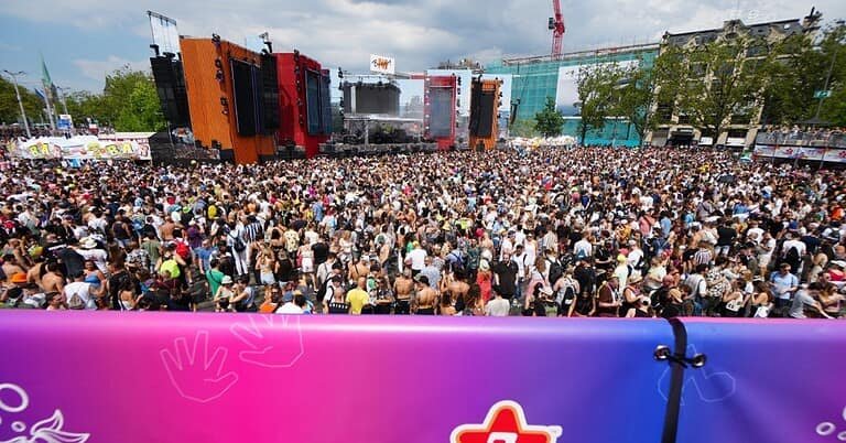 Huge crowd in front of a main stage at the Street Parade in Zurich
