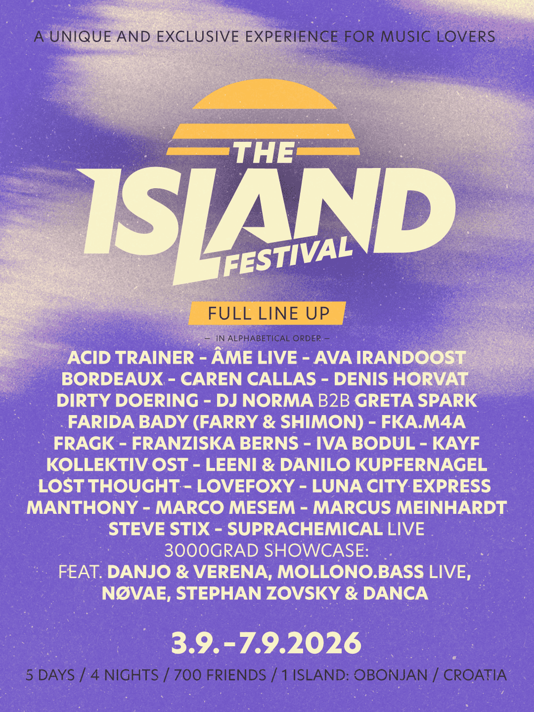 The Island Festival 2026 line-up poster The Island Festival 2026 full line-up poster, Obonjan, Croatia