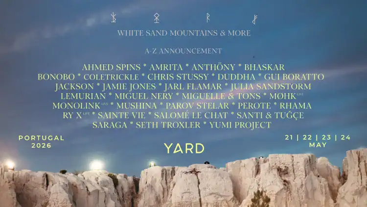 YARD Festival 2026 line-up poster, White Sand Mountains, Azeitão, Portugal, 21 to 24 May YARD Festival 2026 line-up poster, White Sand Mountains, Azeitão, Portugal, 21 to 24 May