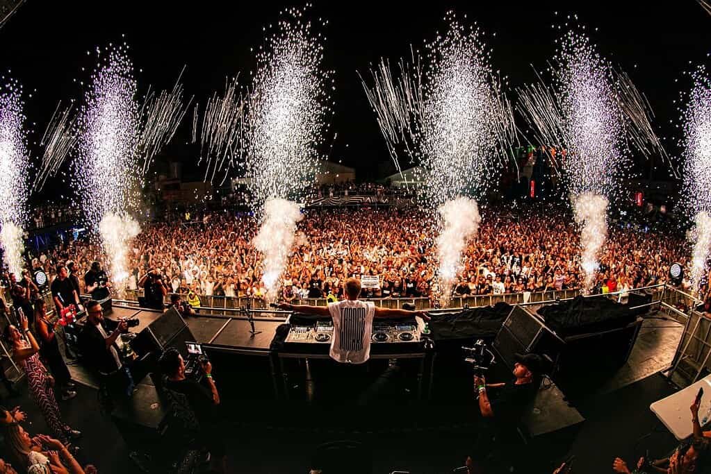 Crowd and pyrotechnics during a headline set at BEONIX Festival at the ETKO site in Limassol, Cyprus