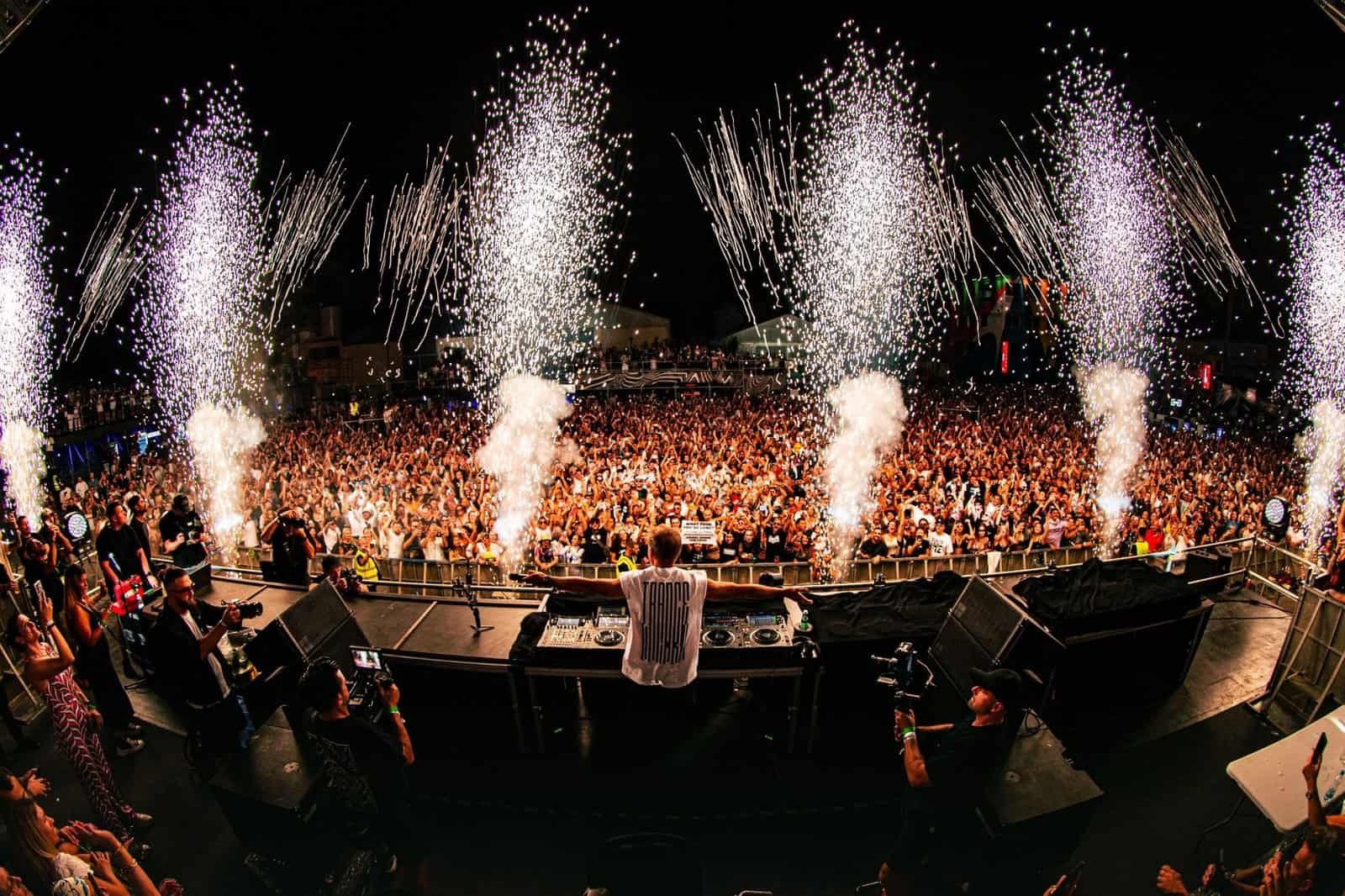 Crowd and pyrotechnics during a headline set at BEONIX Festival at the ETKO site in Limassol, Cyprus