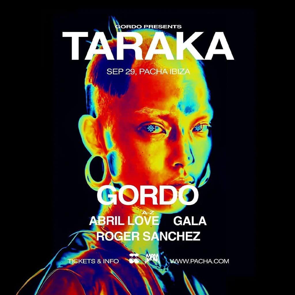 TARAKA closing party flyer for Pacha Ibiza on 29 September 2026 with GORDO, Abril Love, Gala and Roger Sanchez