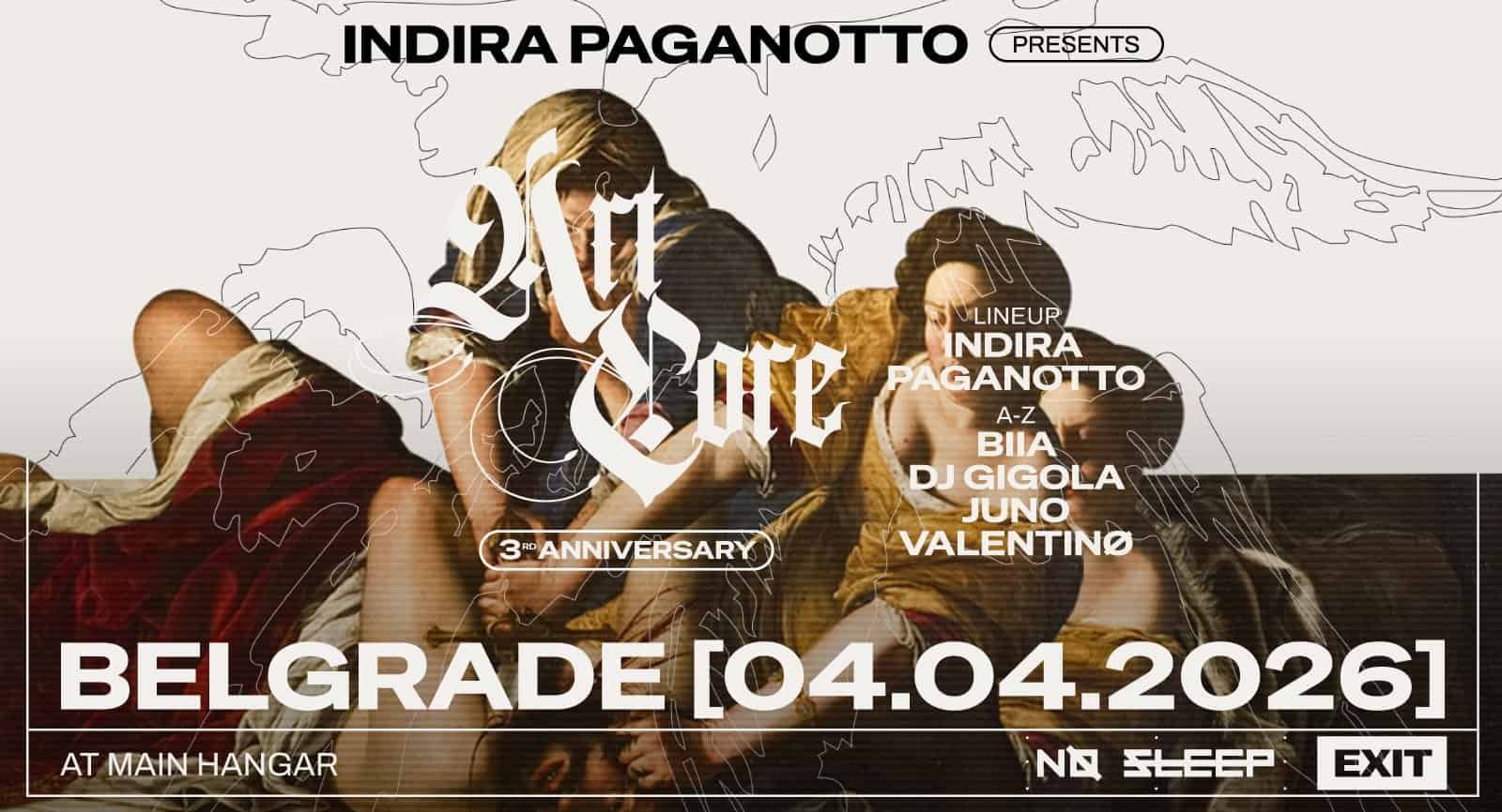 No Sleep Festival Belgrade 2026 line-up artwork with Indira Paganotto at the Main Hangar
