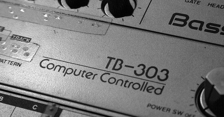 Close-up of a vintage Roland TB-303 Bass Line, the synthesizer behind the acid house sound Close-up of a vintage Roland TB-303 Bass Line, the synthesizer behind the acid house sound