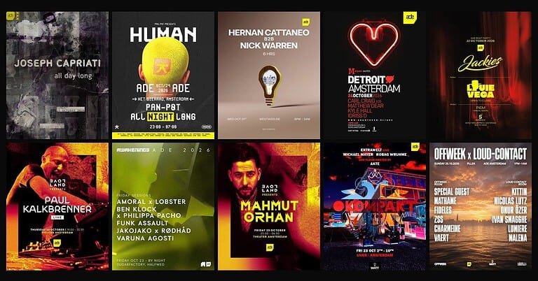 Collage of official ADE 2026 event flyers: Joseph Capriati, Pan-Pot, Detroit Love, Louie Vega, Paul Kalkbrenner, Awakenings, Mahmut Orhan, Kompakt and Offweek x Loud Contact