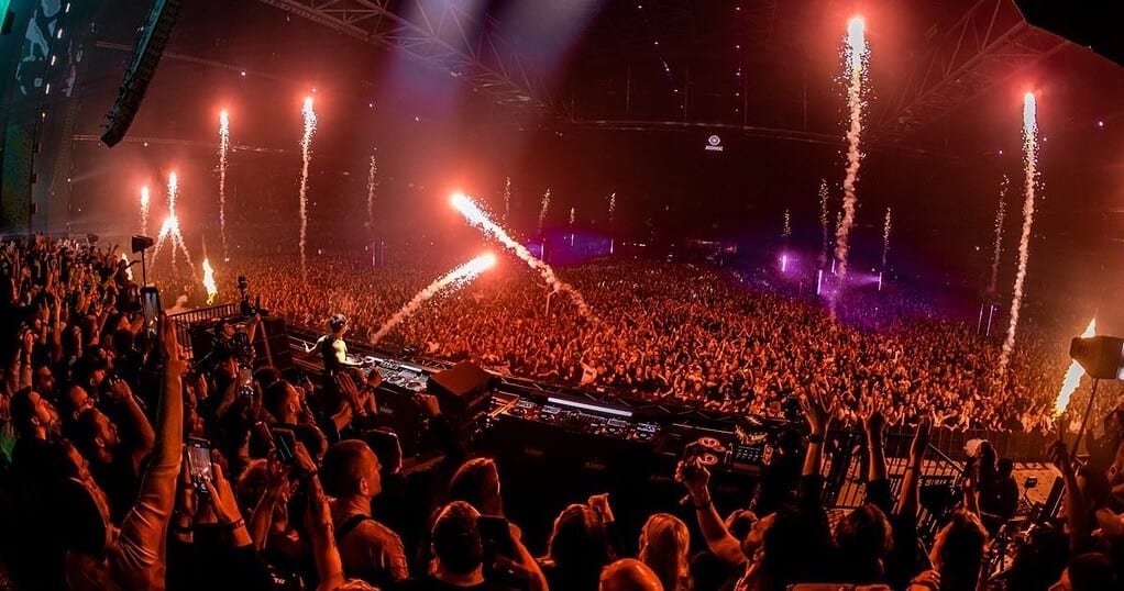 AMF crowd and pyrotechnics at the Johan Cruijff ArenA during Amsterdam Dance Event