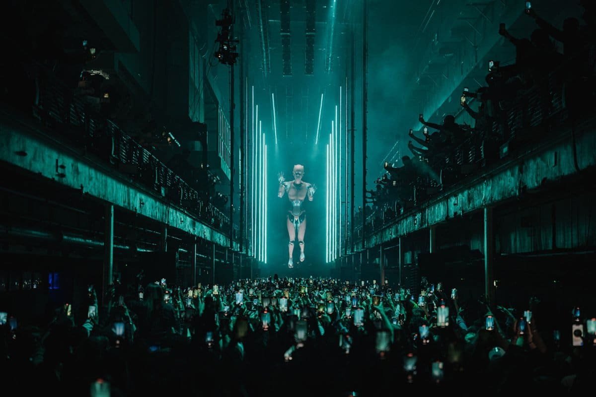 Anyma's Afterlife show at Printworks London, with the 38-year-old's robot visuals above the crowd