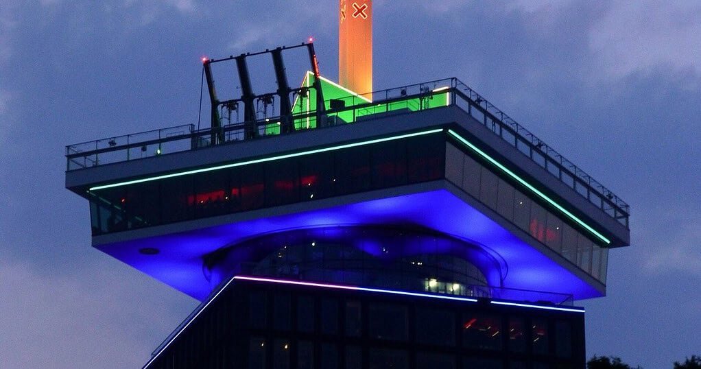 A'DAM Toren lit at night in Amsterdam Noord, the tower above Shelter club