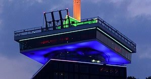 A'DAM Toren lit at night in Amsterdam Noord, the tower above Shelter club