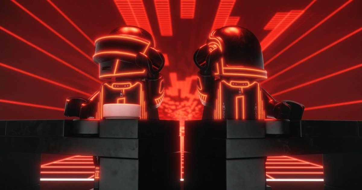 Daft Punk LEGO minifigures behind a brick-built DJ console in the LEGO Group launch film Daft Punk LEGO minifigures behind a brick-built DJ console in the LEGO Group launch film