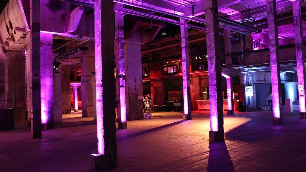 Kraftwerk Berlin, the former Mitte power station that houses Tresor, with its concrete columns lit purple