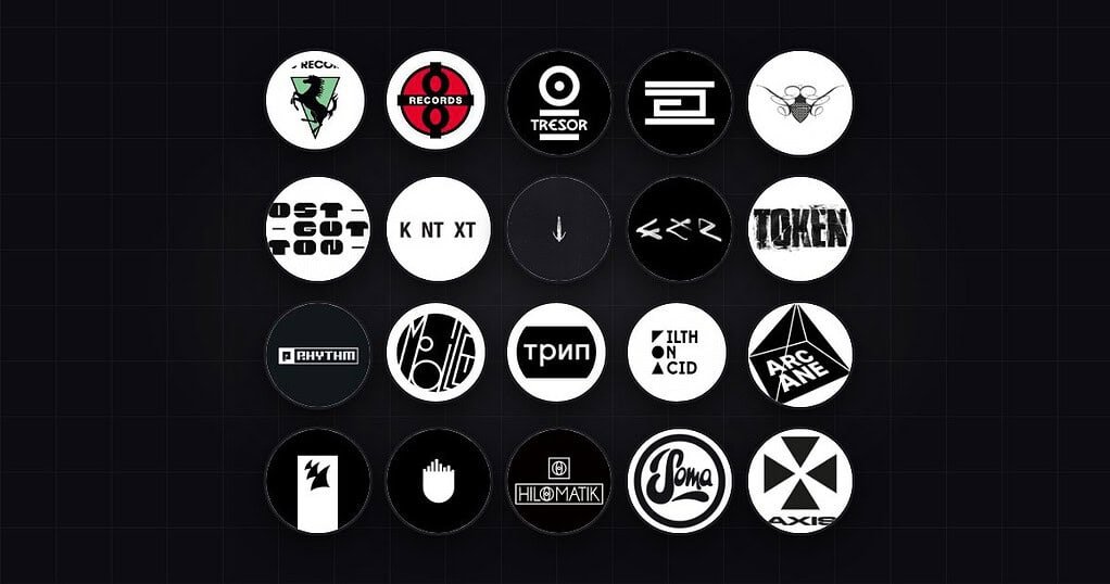 Round logos of the 20 most influential techno record labels including Drumcode, Tresor, R&S, Afterlife, KNTXT and Ostgut Ton