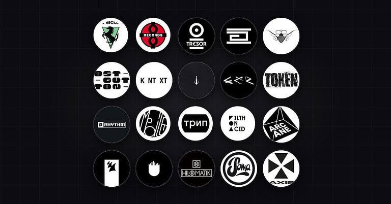 Round logos of the 20 most influential techno record labels including Drumcode, Tresor, R&S, Afterlife, KNTXT and Ostgut Ton