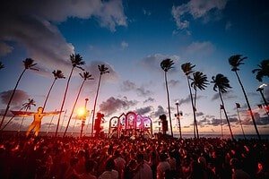 Crowd under palm trees at the Réveillon Carneiros beach stage at sunset in Pernambuco, Brazil Crowd under palm trees at the Réveillon Carneiros beach stage at sunset in Pernambuco, Brazil