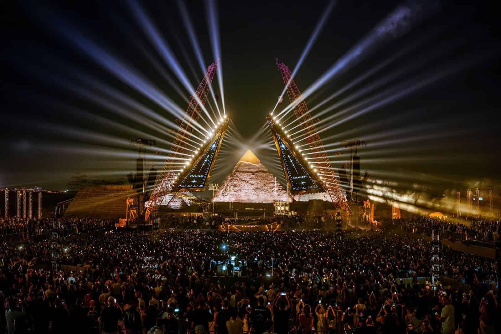 Starlight Festival Sells Out Its Debut at the Great Pyramids of Giza 2 Sila Sveta light show making the pyramid appear to float above the Starlight Festival stage in Giza