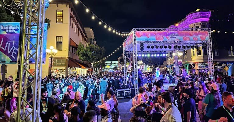 Crowd in front of the live music stage at the TwitchCon 2024 Block Party in San Diego, Twitch's real-world community event