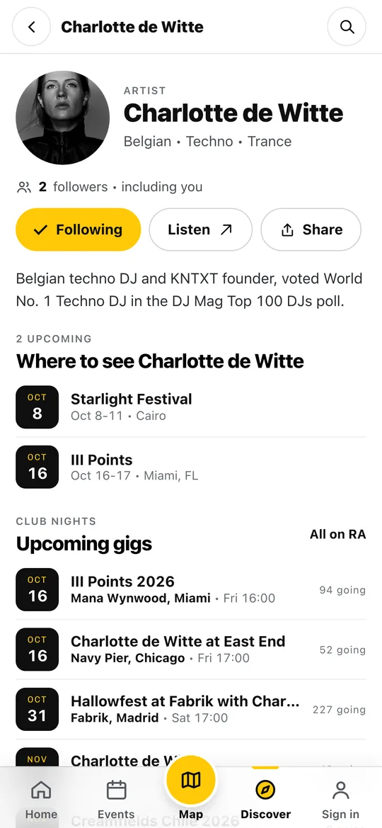 Techno Airlines app artist page with upcoming gigs Techno Airlines app artist page with upcoming gigs