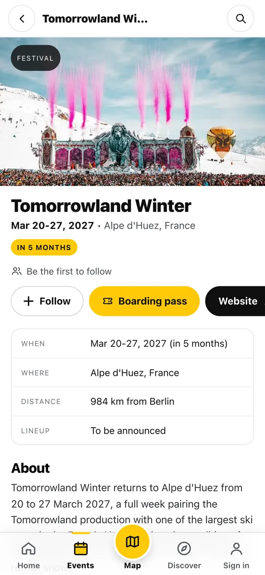 Techno Airlines app festival page with follow and boarding pass buttons Techno Airlines app festival page with follow and boarding pass buttons