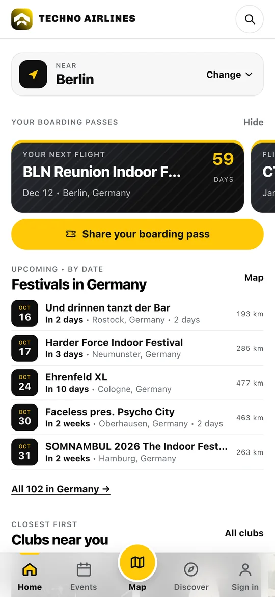 Techno Airlines app home screen with boarding passes and upcoming festivals Techno Airlines app home screen with boarding passes and upcoming festivals