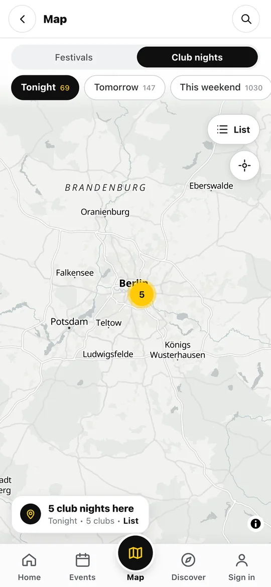 Techno Airlines app map of club nights around a city Techno Airlines app map of club nights around a city